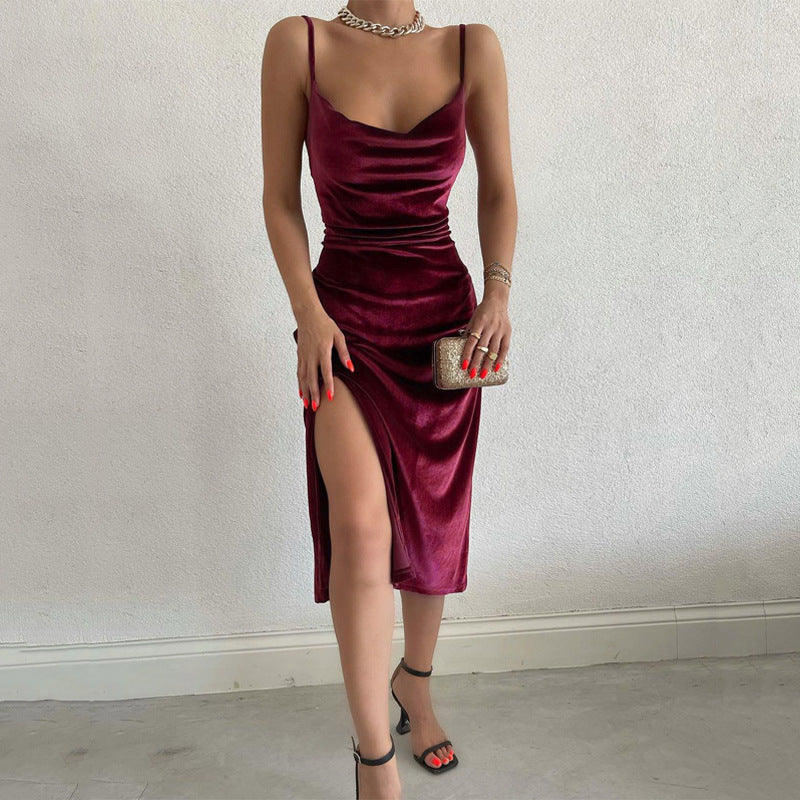 Damen Elegantes Satin-Midikleid mit Drapierung und Seitenschlitz R&B