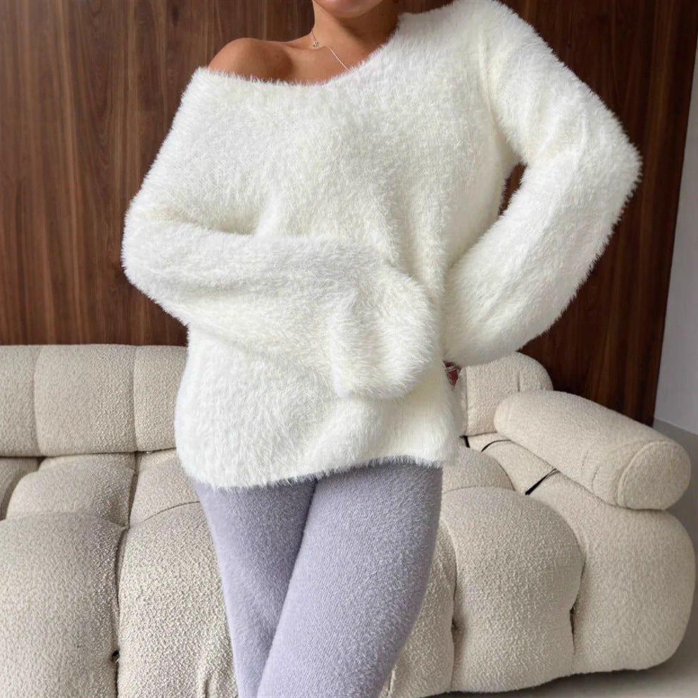 Damen Flauschiger V-Ausschnitt Pullover aus hochwertigem Material R&B