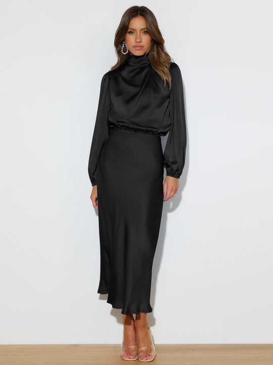 Damen Satin-Maxikleid mit hohem Kragen und Raffungen R&B