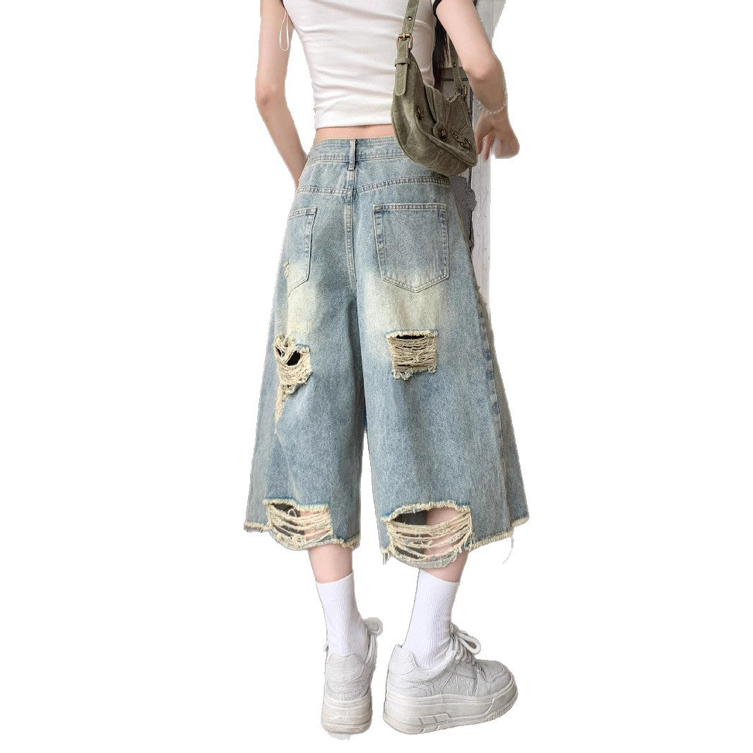 Damen Weite Denim-Culotte mit modischen Rissdetails und lässigem Schnitt R&B