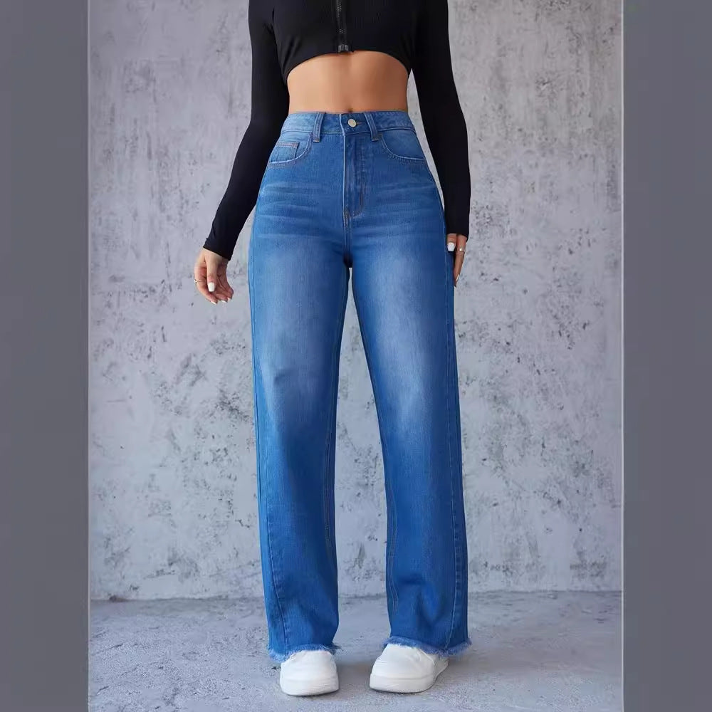 Damen Hochtaillierte Mom-Jeans mit lässigem Schnitt und fransigem Saum R&B
