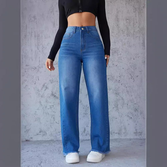 Damen Hochtaillierte Mom-Jeans mit lässigem Schnitt und fransigem Saum R&B
