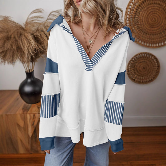 Damen lässiger Pullover mit Hemdkragen und gestreiften Ärmeln R&B