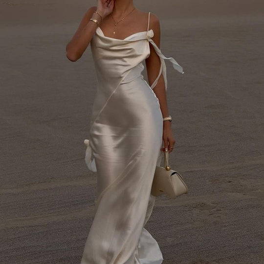 Damen Elegantes Satin-Wickelkleid mit verführerischem Ausschnitt und Spaghettiträgern R&B