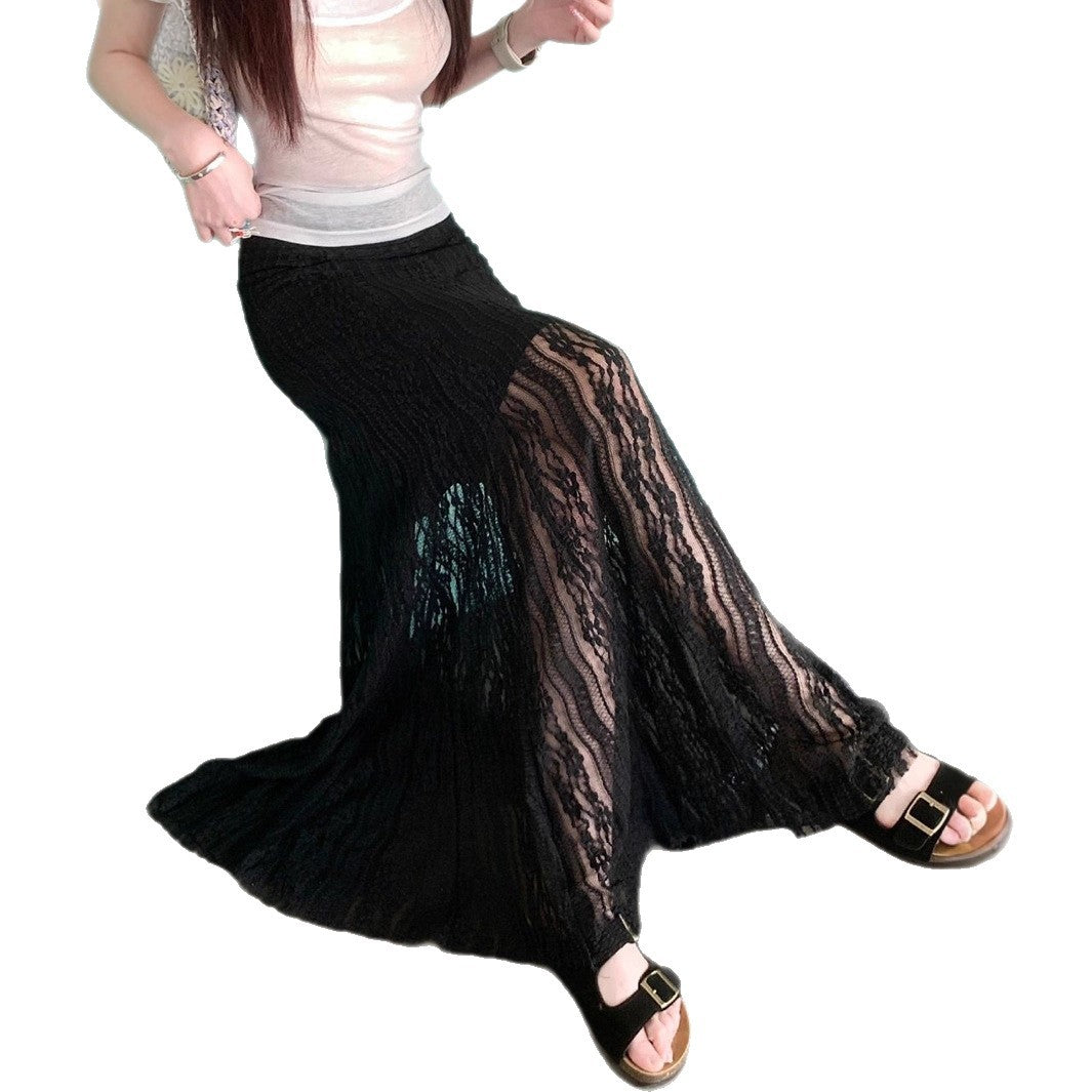 Damen Eleganter Maxi-Rock mit transparenter Spitze und Falten R&B
