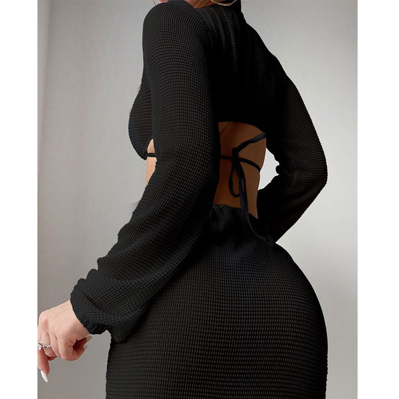 Damen Cut-Out Strandkleid mit langem Arm und Knotendetail R&B