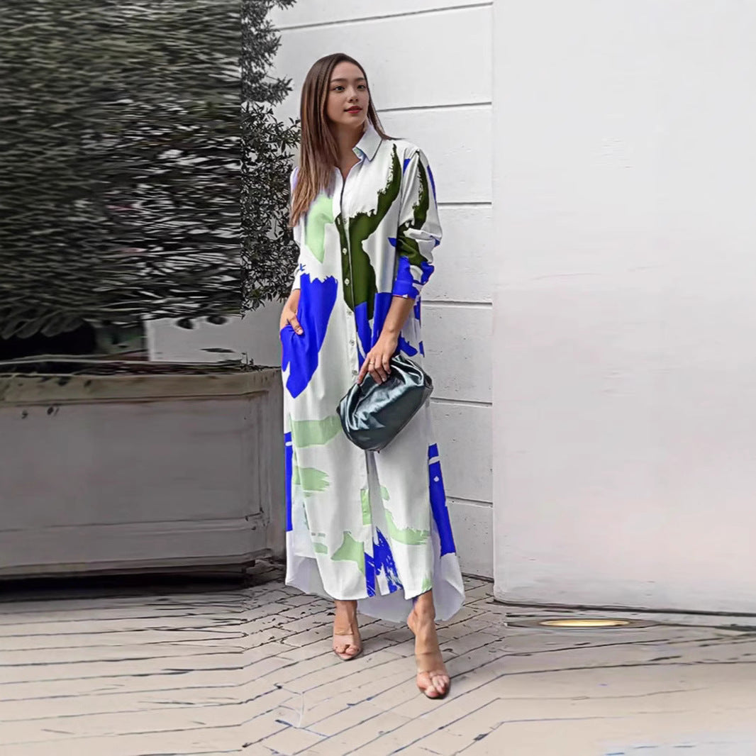 Damen lässiges Hemdblusenkleid mit buntem Grafikdruck und praktischen Taschen R&B