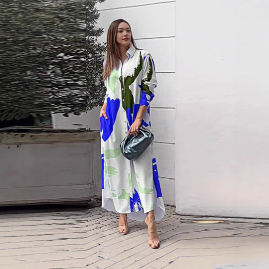 Damen lässiges Hemdblusenkleid mit buntem Grafikdruck und praktischen Taschen R&B