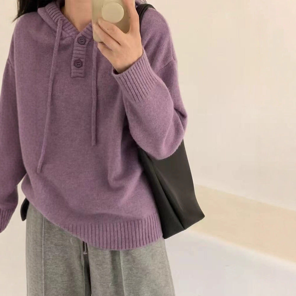 Damen Hoodie-Pullover mit Knöpfen und hohem Kragen R&B