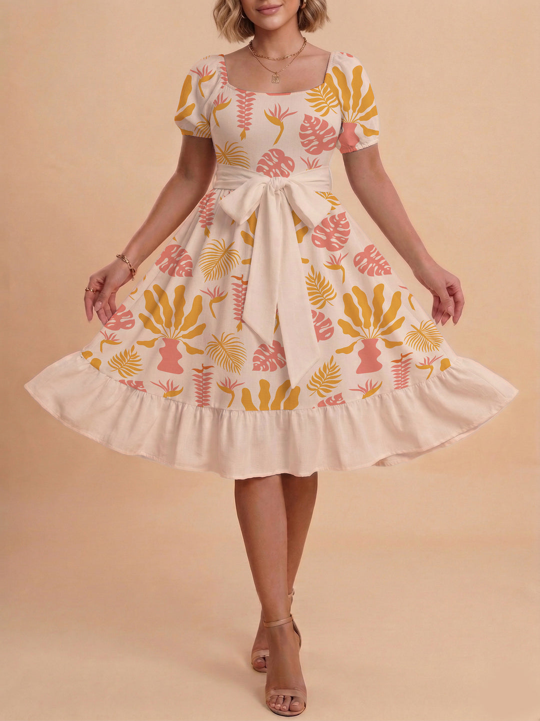 Damen Sommerliches Blumenkleid mit taillierbarem Gürtel und voluminösen Ärmeln R&B