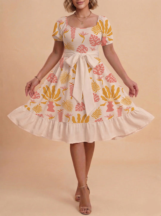 Damen Sommerliches Blumenkleid mit taillierbarem Gürtel und voluminösen Ärmeln R&B