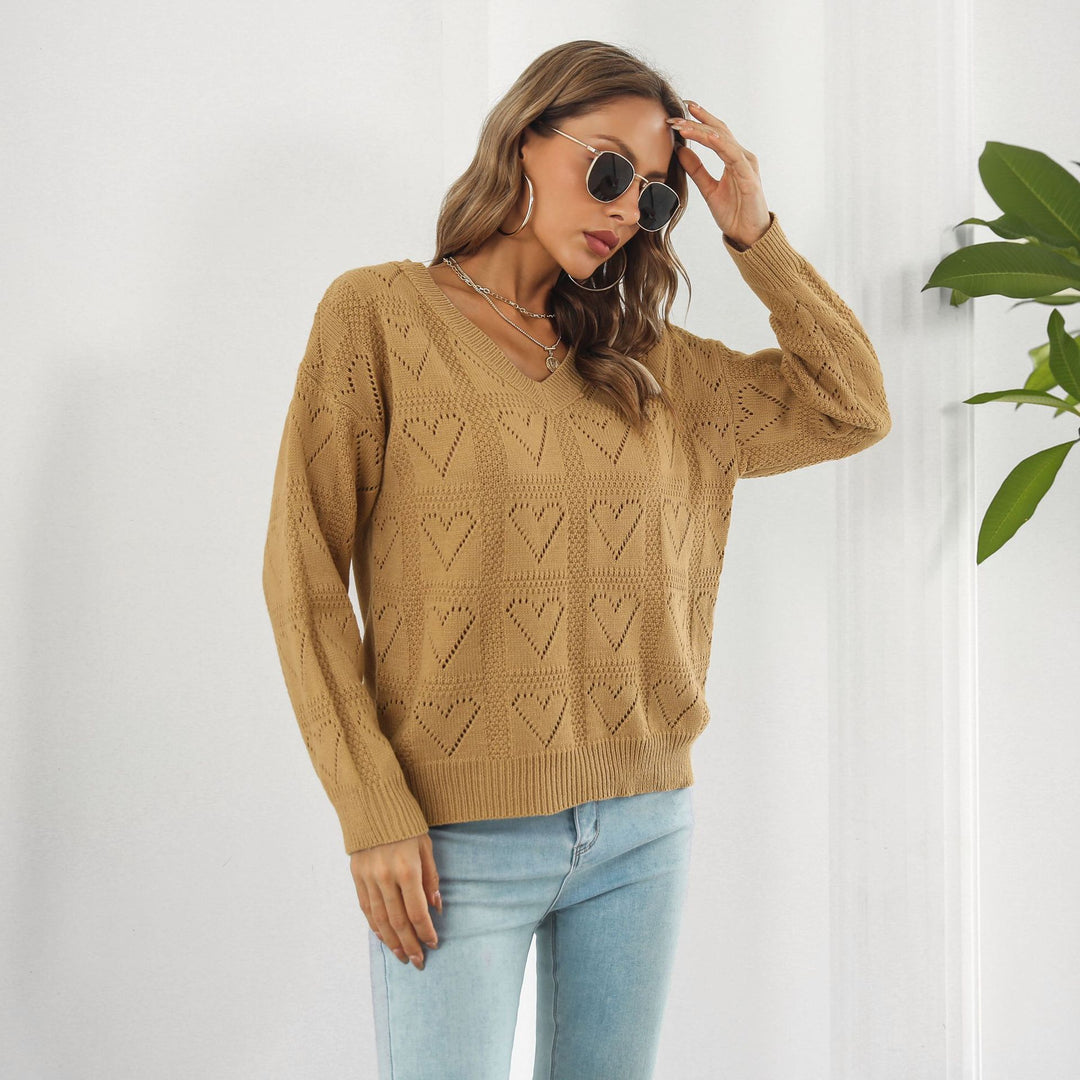Damen Strickpullover mit Herzmuster und V-Ausschnitt R&B