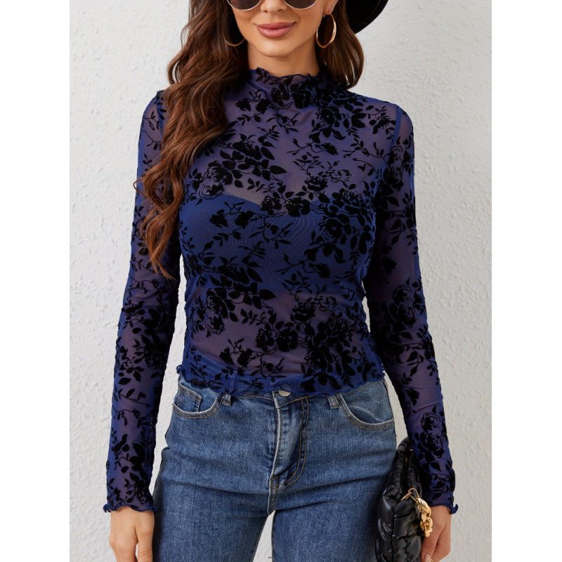 Damen Langarmshirt mit floralem Chiffon und transparenten Details R&B