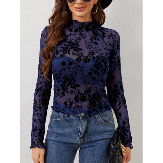 Damen Langarmshirt mit floralem Chiffon und transparenten Details R&B