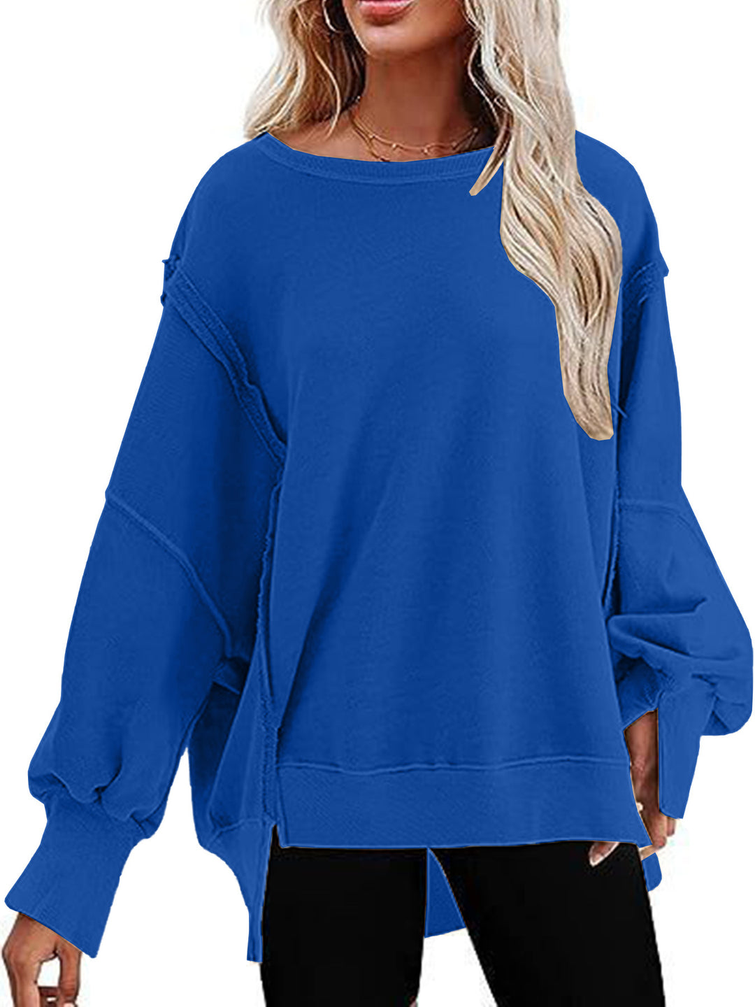 Damen lässiger Sweatshirt mit Ballonärmeln und seitlichen Schlitzen R&B