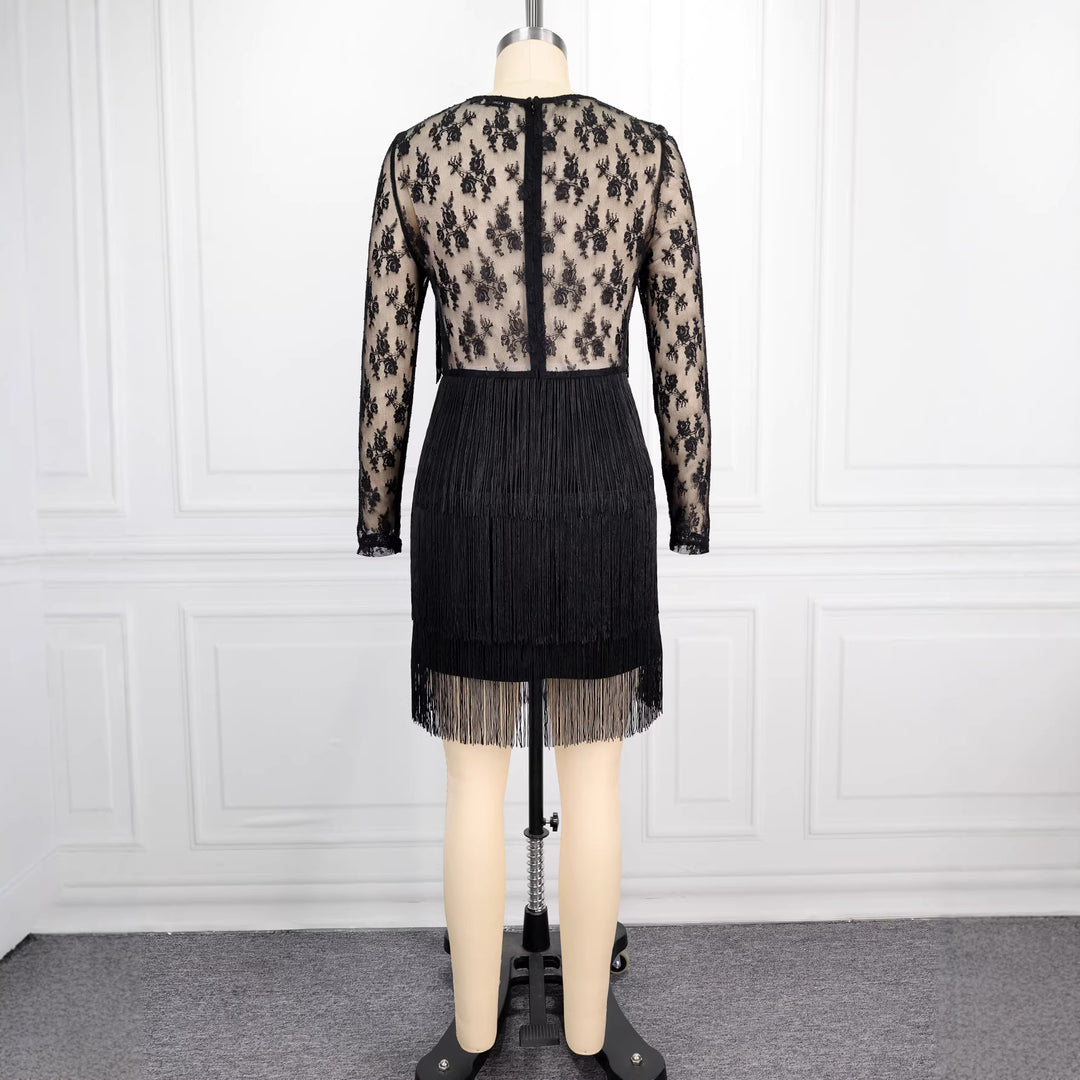 Damen Figurnahes Kleid mit fransigen Details und transparenten Spitzenärmeln R&B