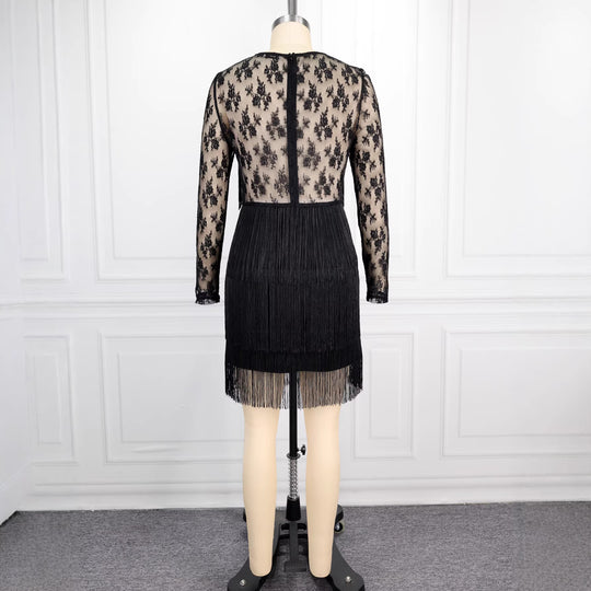 Damen Figurnahes Kleid mit fransigen Details und transparenten Spitzenärmeln R&B