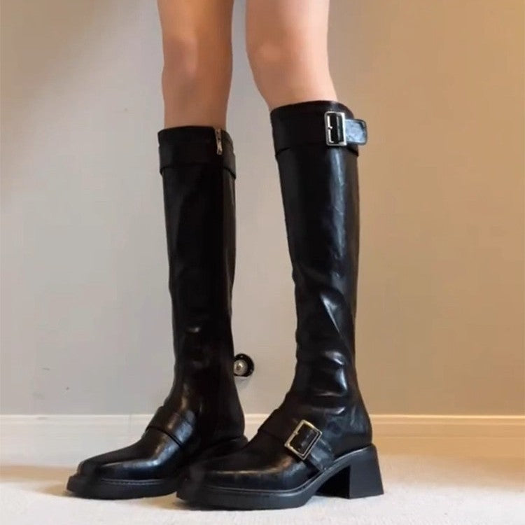 Damen modische Stiefel mit elegantem Schnallenverschluss und robustem Blockabsatz R&B