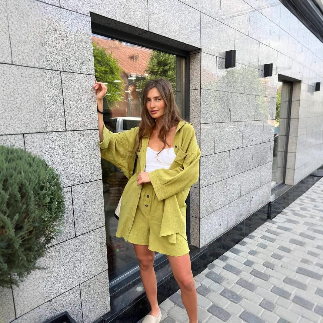 Damen Lässiges Zweiteiliges Set aus leichtem Baumwollmaterial mit oversized Hemd und Shorts R&B