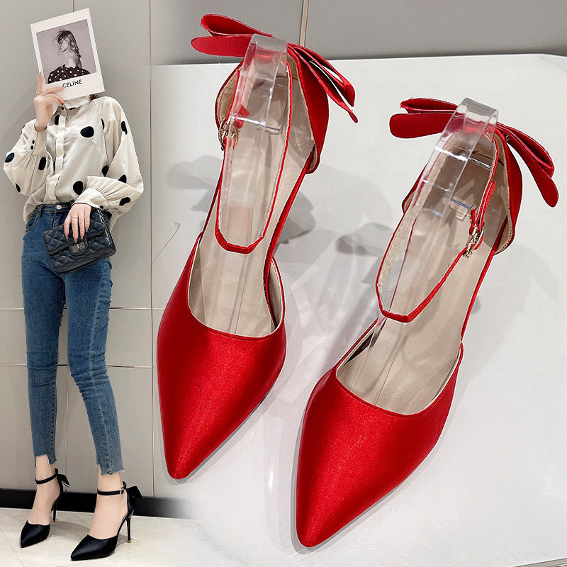 Damen Satin High Heels mit transparentem Riemen und Schleifenapplikation R&B