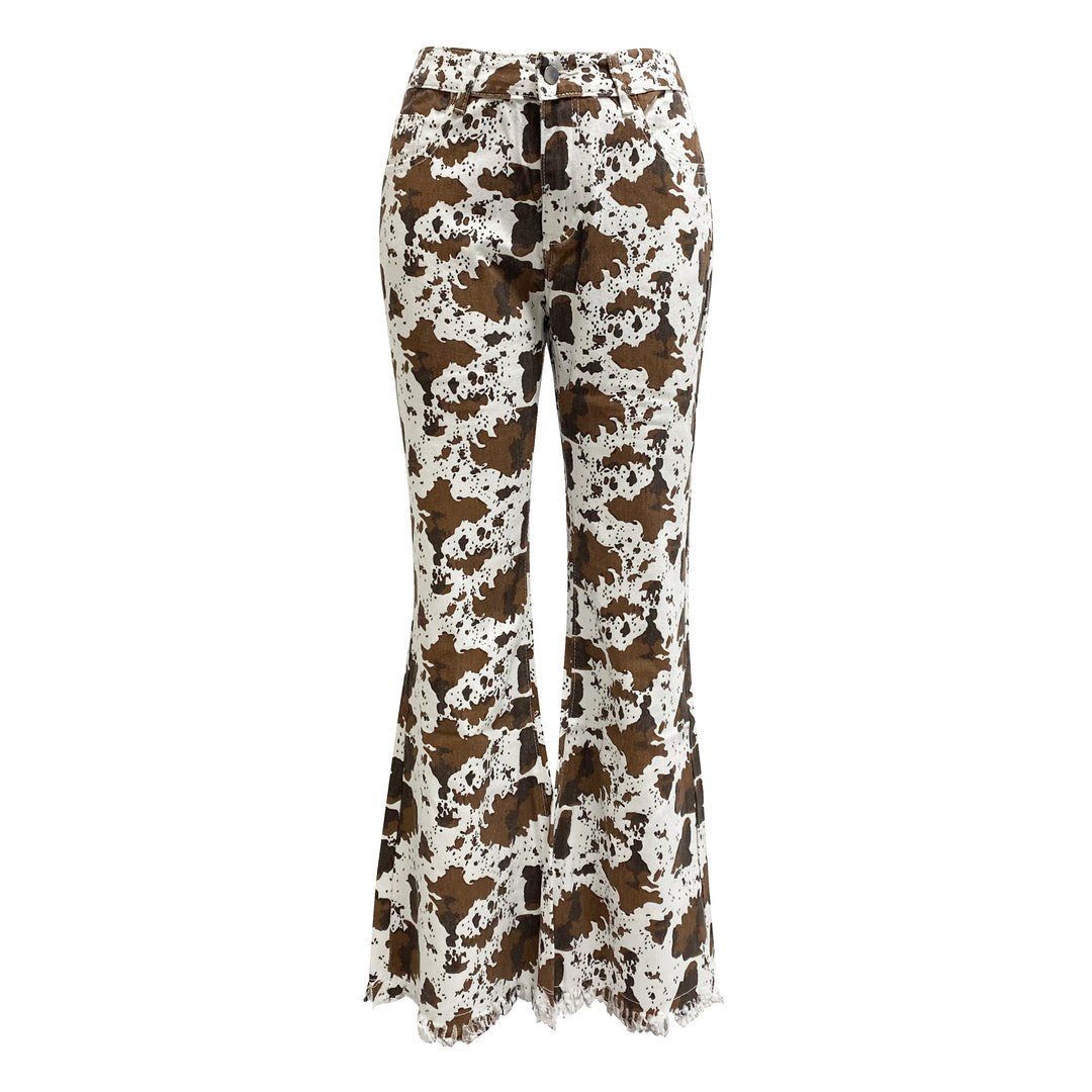 Damen Flared Jeans mit auffälligem Kuhflecken-Muster R&B