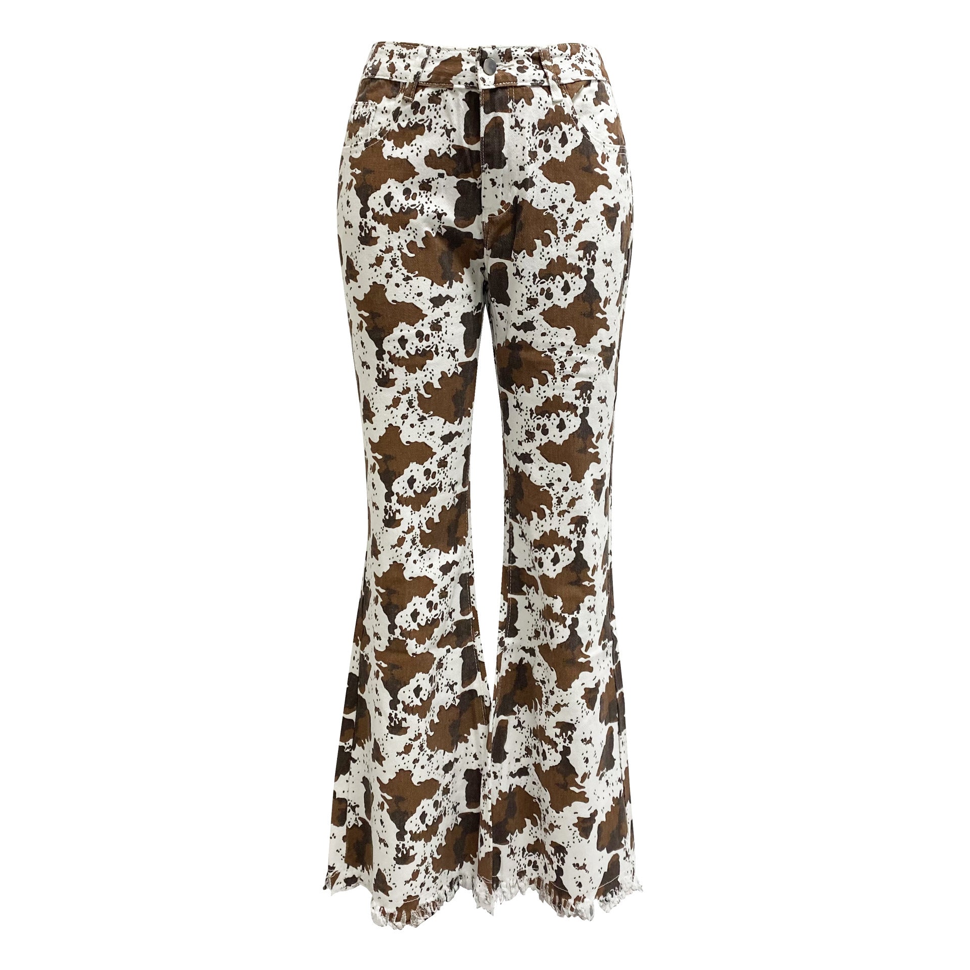 Damen Flared Jeans mit auffälligem Kuhflecken-Muster R&B