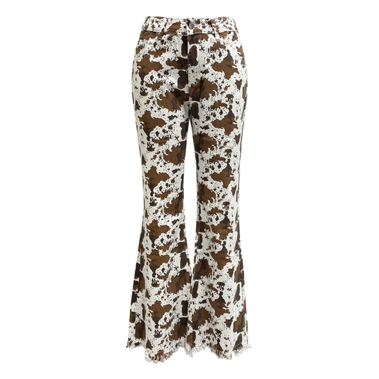Damen Flared Jeans mit auffälligem Kuhflecken-Muster R&B