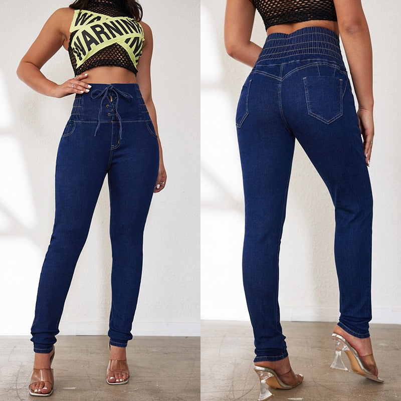 Damen Hochtaillierte Jeans mit verstellbarem Kordelzug und taillierter Passform R&B