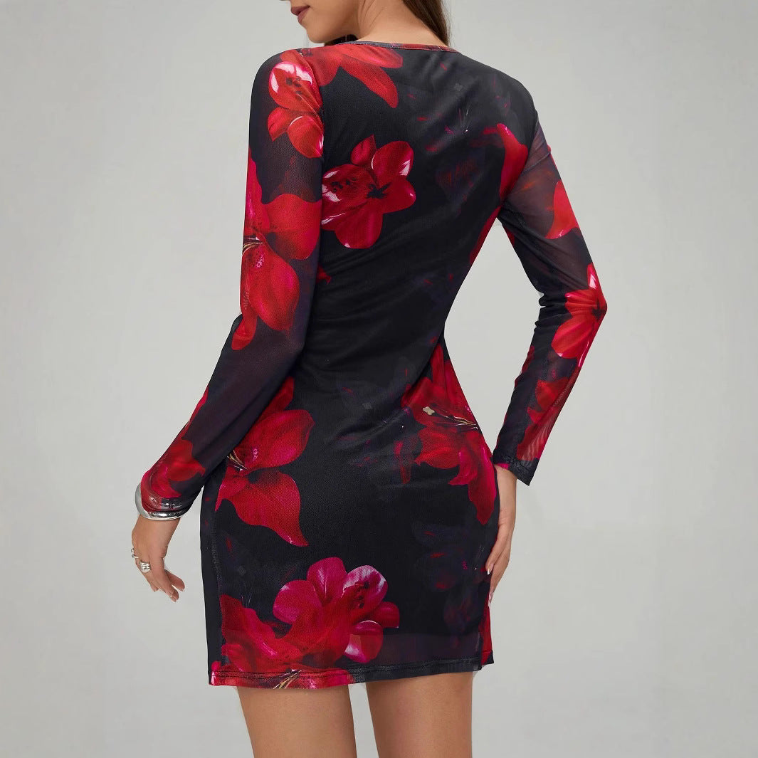 Damen Kleid mit langem Arm und floralem Design R&B