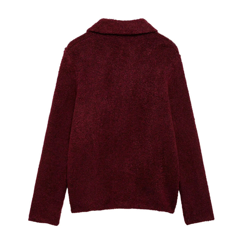 Damen flauschige Strickjacke mit dekorativen Blumenknöpfen R&B