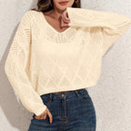 Damen V-Ausschnitt Grobstrickpullover mit filigranem Lochmuster R&B