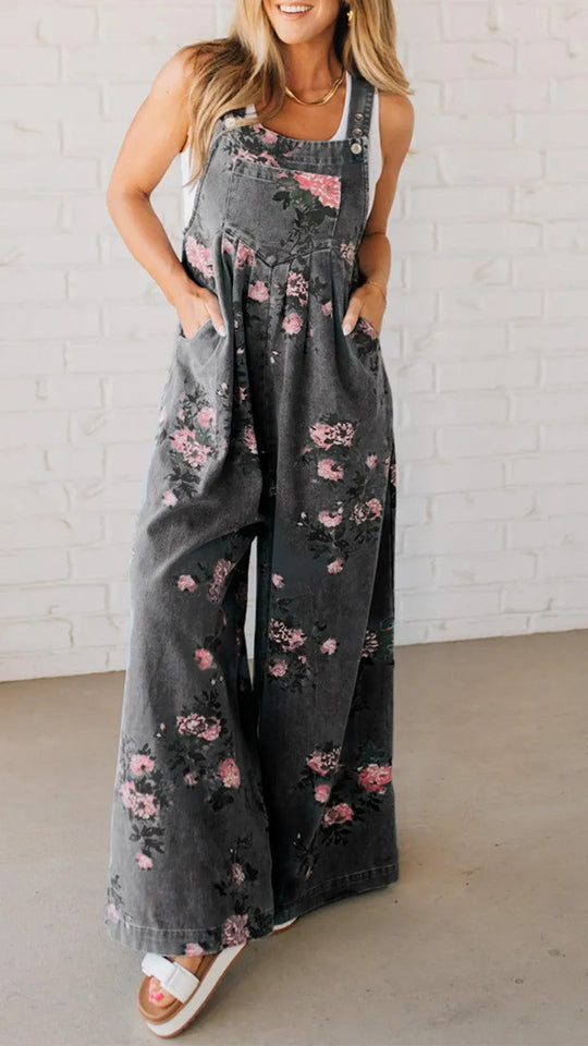 Damen Lässiger Denim-Hosenanzug mit floralem Print und weiten Beinen R&B