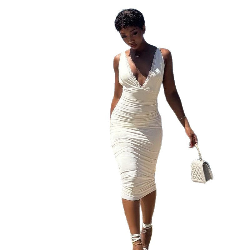 Damen elegantes figurbetontes Midi-Kleid mit verführerischem V-Ausschnitt und feinen Trägern R&B