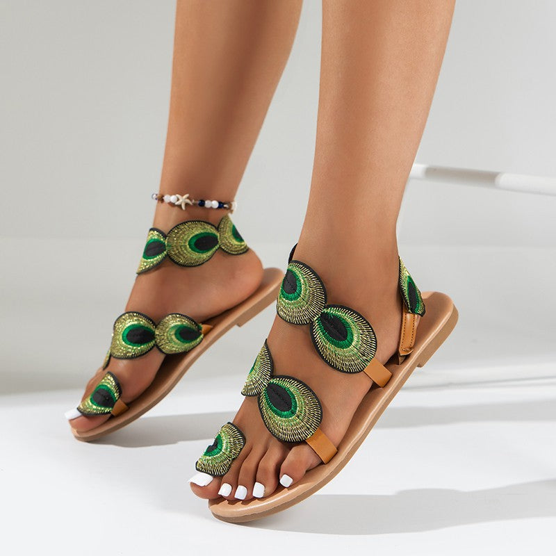 Damen bequeme Zehentrenner-Sandalen mit dekorativer Feder-Applikation R&B