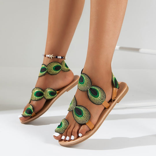 Damen bequeme Zehentrenner-Sandalen mit dekorativer Feder-Applikation R&B