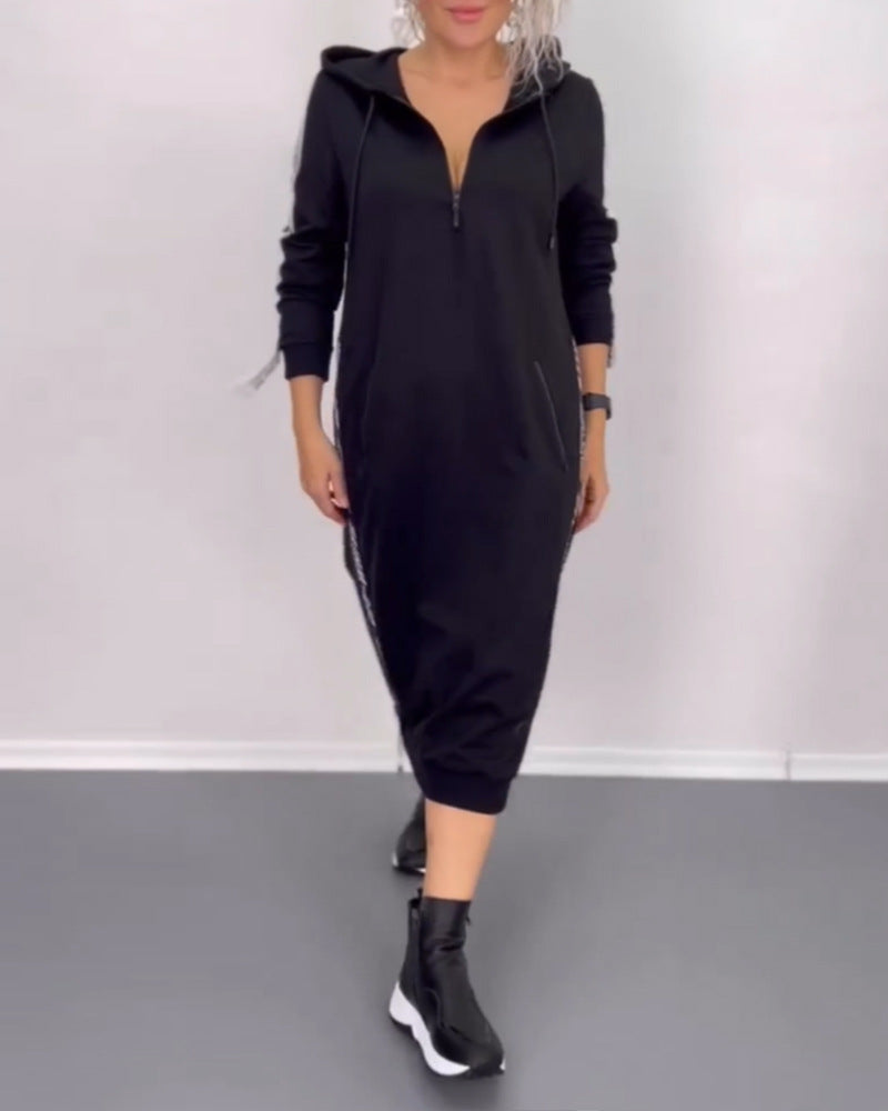 Damen nan knöchellanges Kapuzen-Sweatkleid mit Halbzip, Kängurutaschen und seitlicher Zierpaspel R&B
