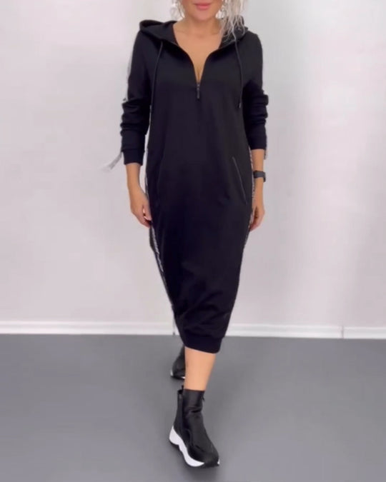 Damen nan knöchellanges Kapuzen-Sweatkleid mit Halbzip, Kängurutaschen und seitlicher Zierpaspel R&B