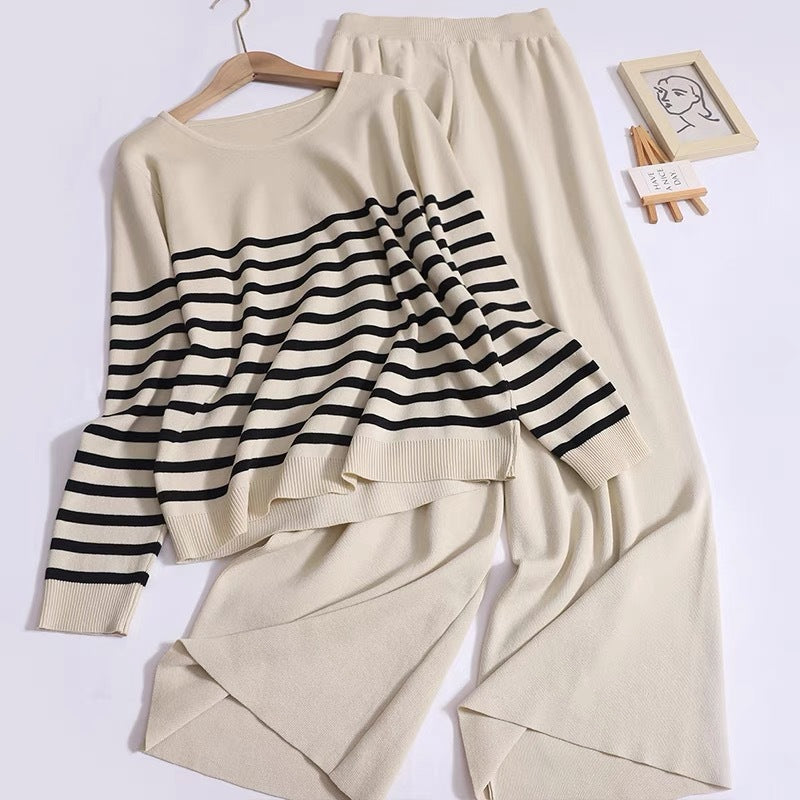 Damen gemütliches Strick-Loungewear-Set mit Streifenmuster R&B