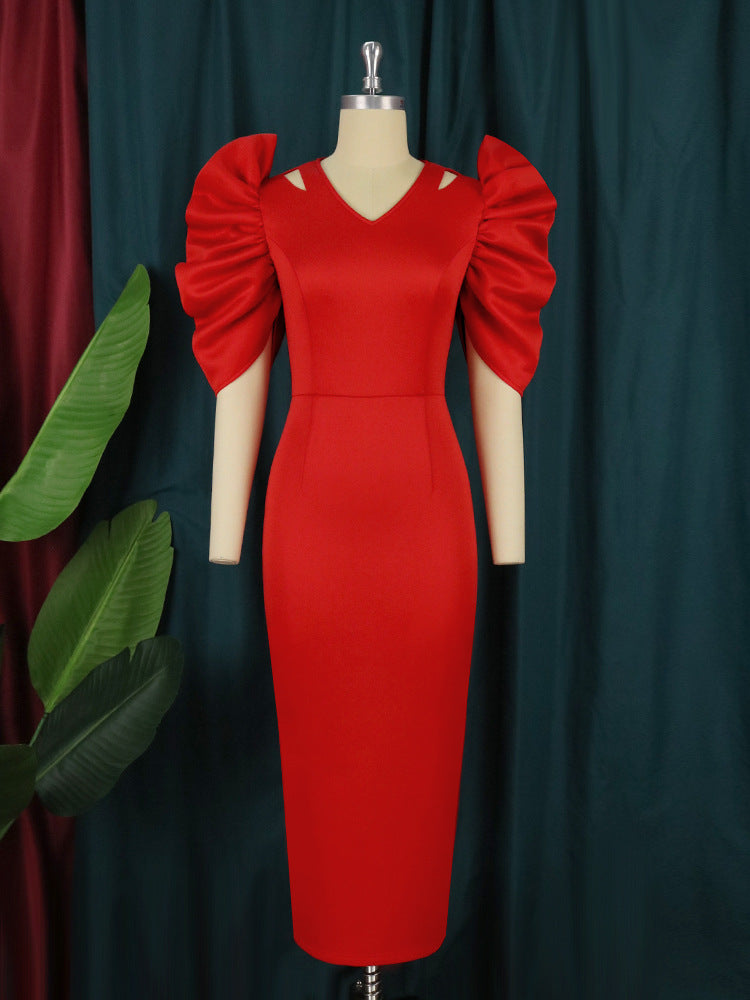 Damen Elegantes Midi-Kleid mit voluminösen Puffärmeln R&B