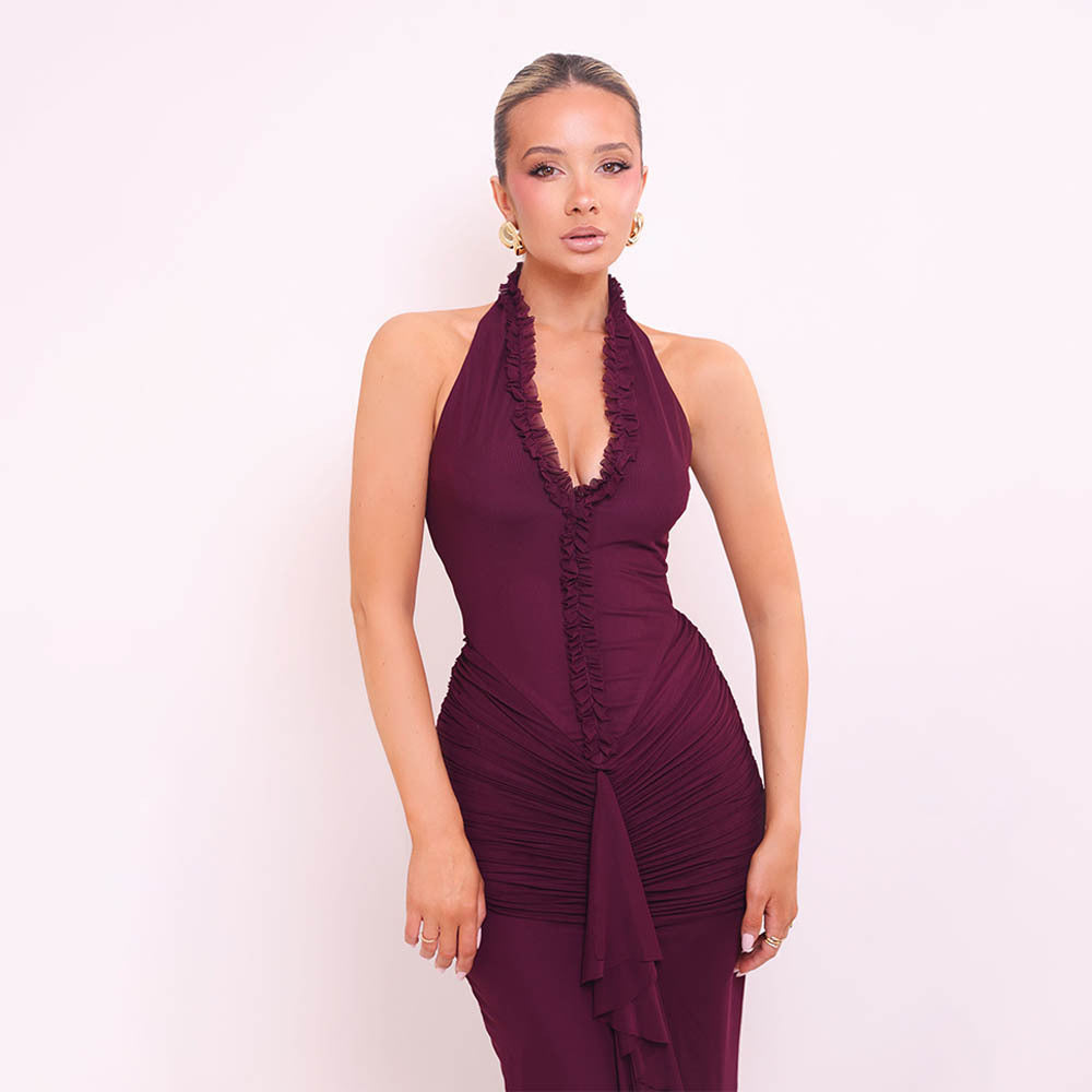 Damen Maxikleid mit tiefem V-Ausschnitt und elegantem Rüschendesign R&B