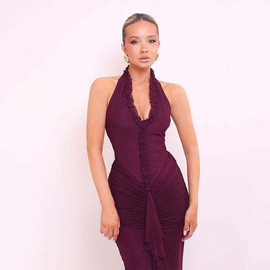 Damen Maxikleid mit tiefem V-Ausschnitt und elegantem Rüschendesign R&B