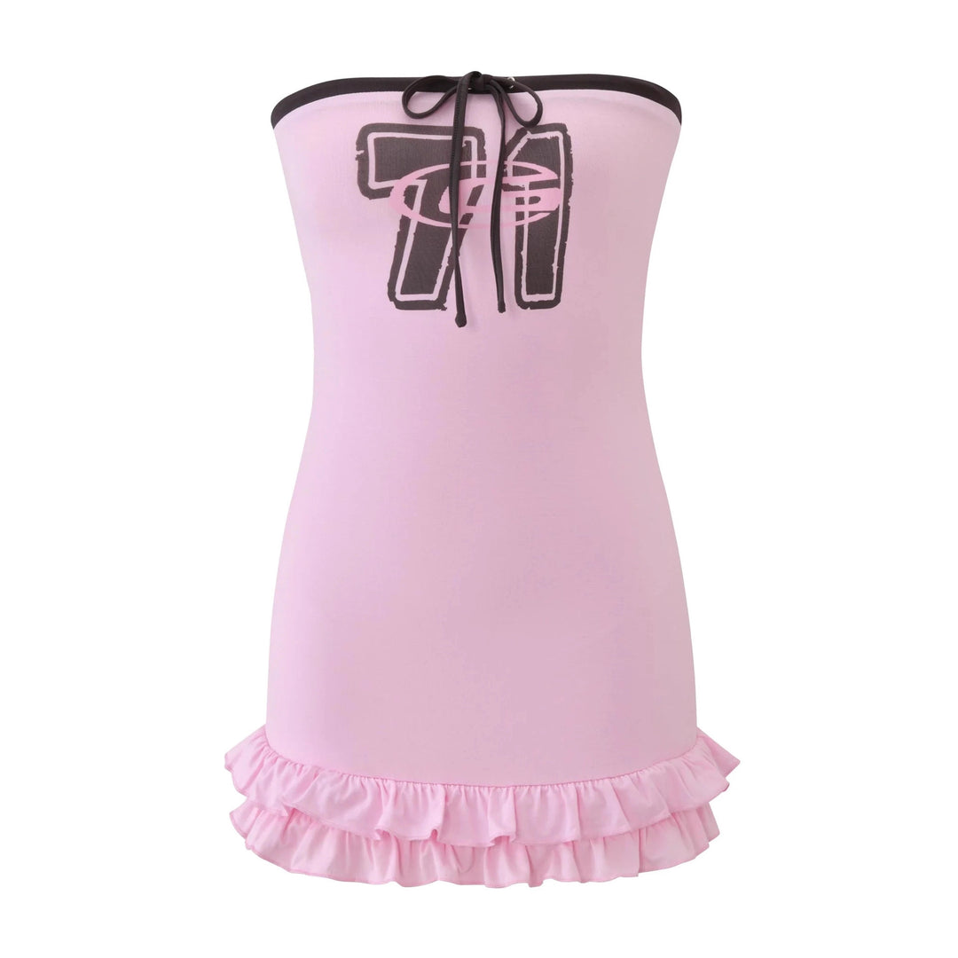Damen Schulterfreies Mini-Kleid mit Rüschensaum und einzigartigem Grafikdesign R&B