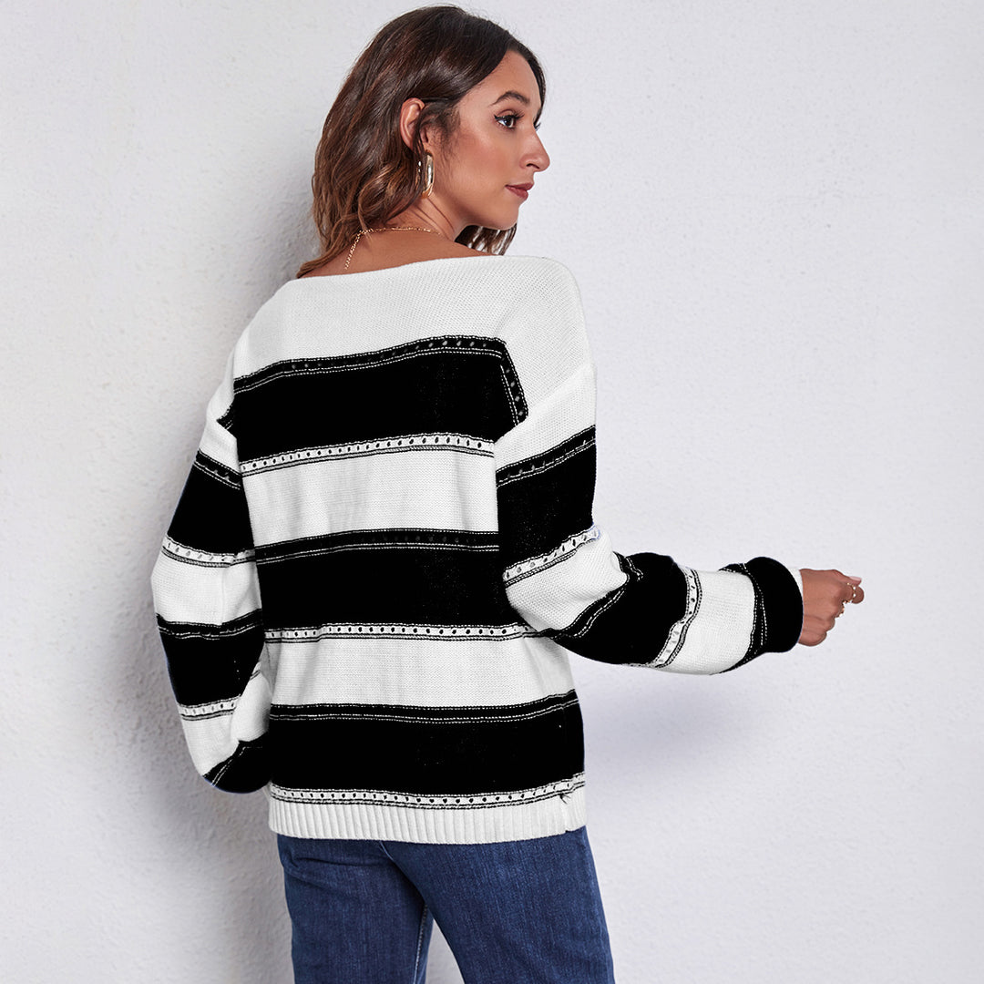 Damen Freizeit Pullover mit modernem Lochmuster und Streifen-Design R&B