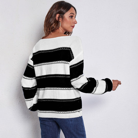 Damen Freizeit Pullover mit modernem Lochmuster und Streifen-Design R&B