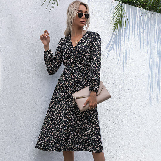 Damen Midi-Kleid mit romantischem Blumenmuster und elegantem Taillengürtel R&B