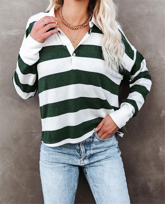 Damen lässiges Langarmshirt mit Streifenmuster und Knopfleiste R&B