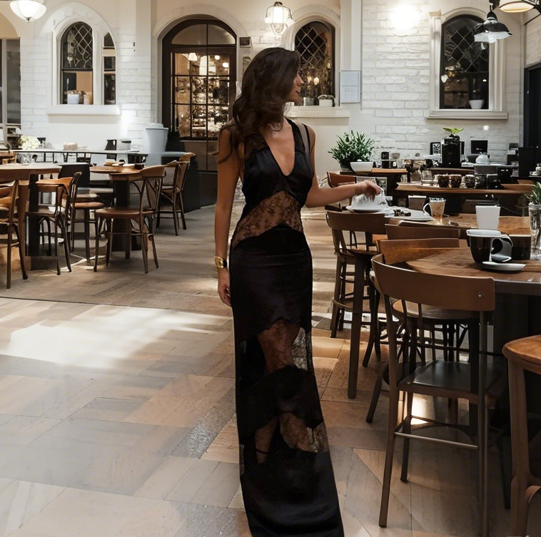 Damen Transparentes Spitzen-Maxikleid mit tiefem V-Ausschnitt und eleganter Silhouette R&B