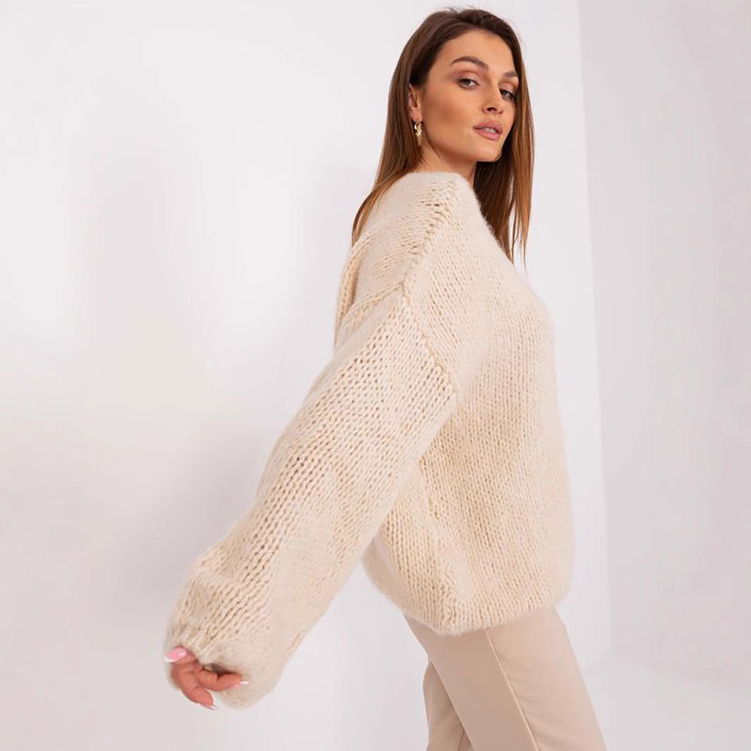 Damen gemütlicher Oversize-Strickpullover mit voluminösen Ärmeln und strukturiertem Design R&B