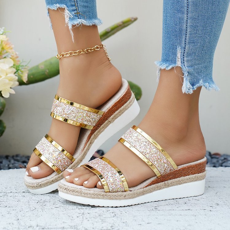 Damen Glamouröse Wedge-Sandaletten mit Glitzer-Riemen und komfortablem Fußbett R&B