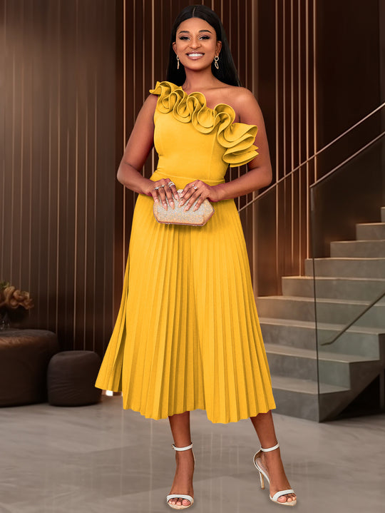 Damen Midi-Kleid mit schulterfreiem Design und voluminösen Rüschen R&B
